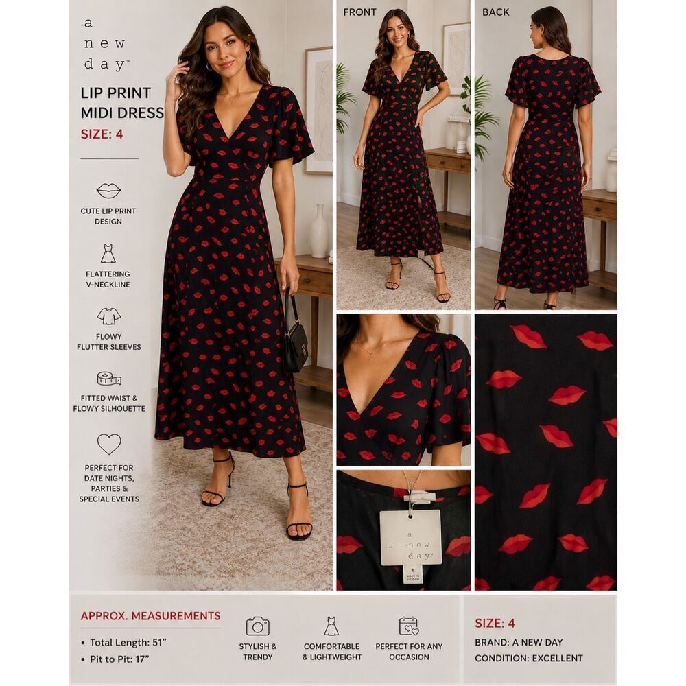 A New Day Lip Print Midi Dress Size 4 Red & Black Flutter Sleeve Dress